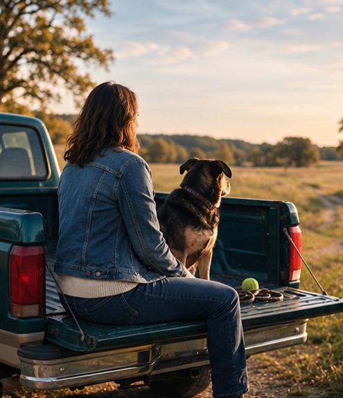 Sera Calder and her dog Milo sitting on a pickup truck tailgate overlooking open country.